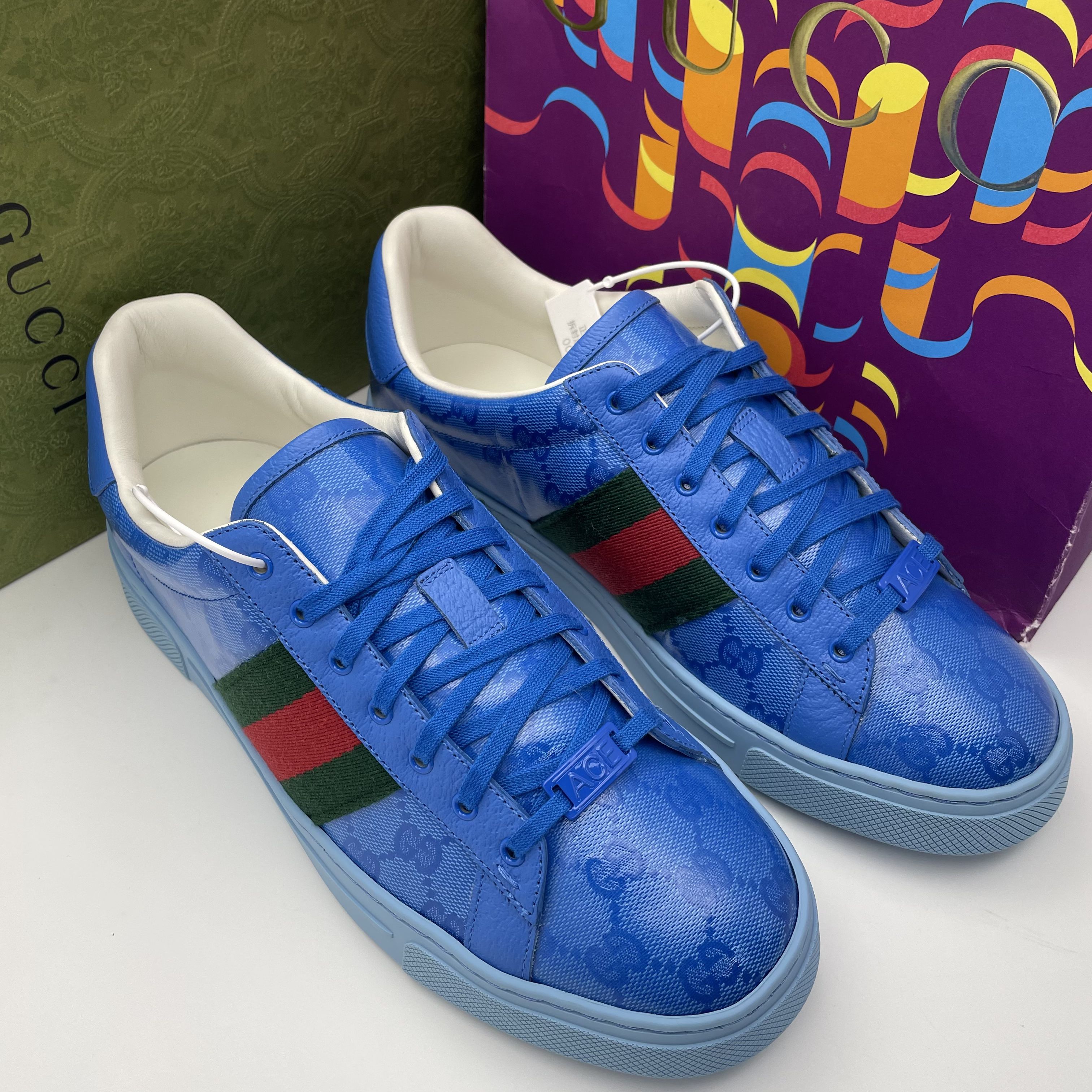 未使用 GUCCI/古驰 42欧码/蓝色双G老花亮面ACE休闲时尚板鞋