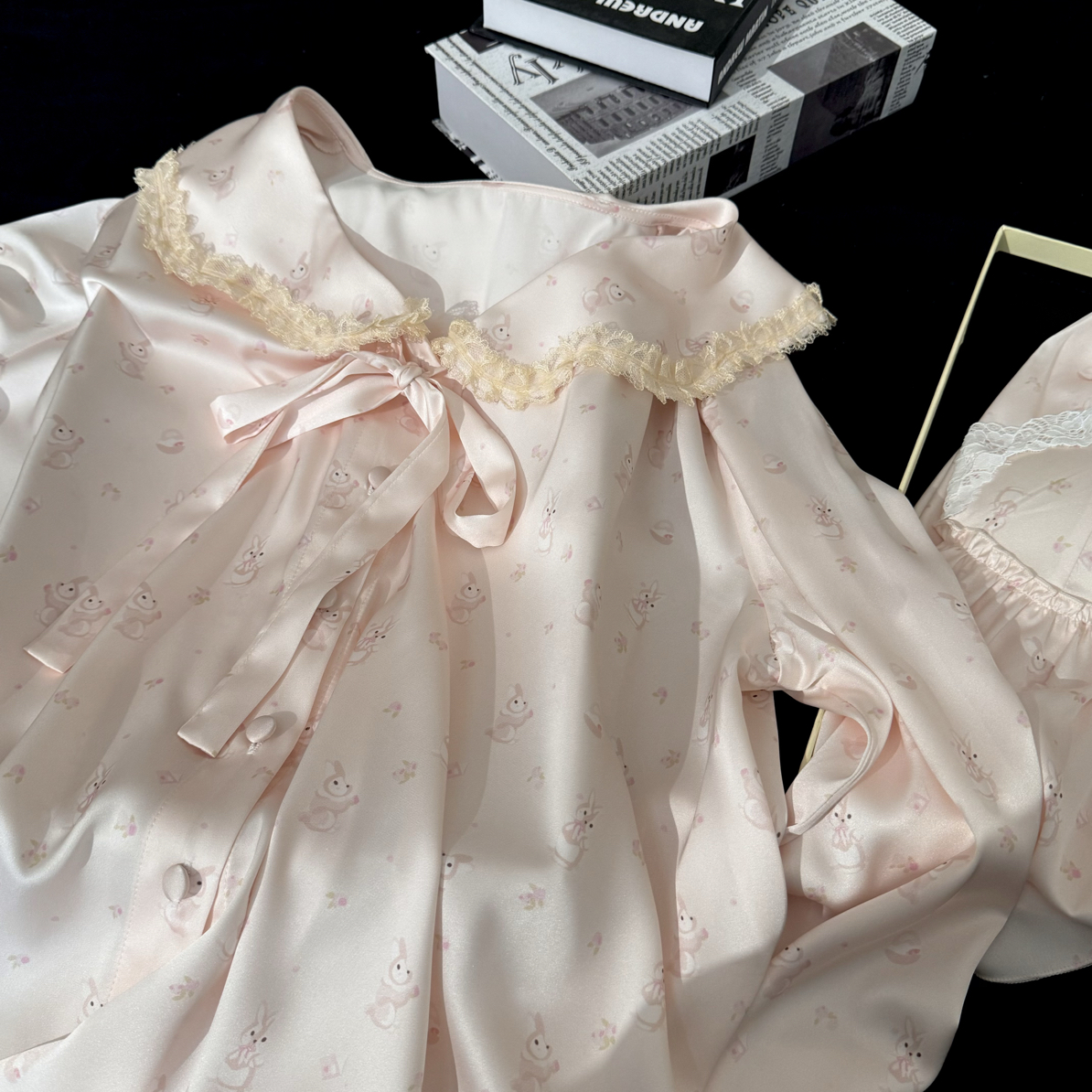 VINEEMAN【粉兔眠眠】甜茶粉春秋蕾丝花边女长袖长裤居家春秋四件套