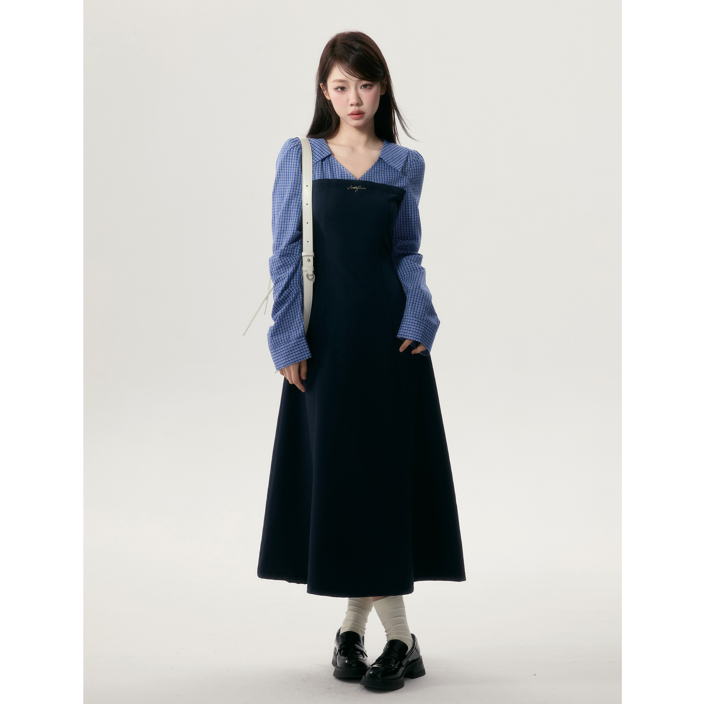 【小野莓】韩版学院风翻领格子假两件修身显瘦连衣裙子-清清BL16869