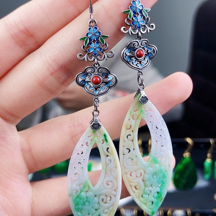 翡翠耳饰银S925镶嵌饰品