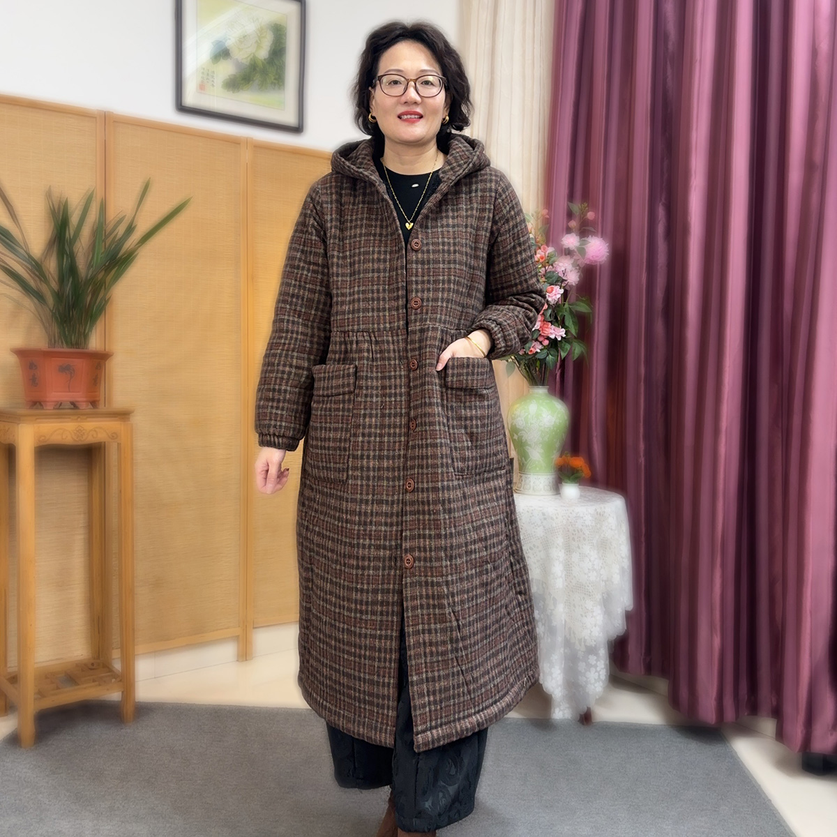 过冬新款连帽口袋加绒长款棉衣时尚格子宽松韩版气质外出棉服Q82