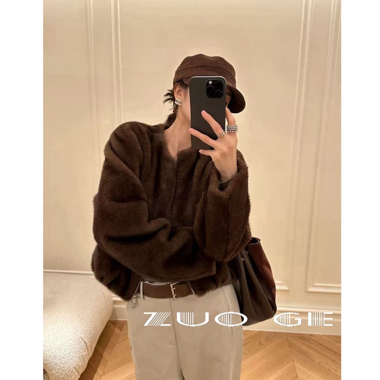 ZUOGE-轻奢拉链短款环保毛-毛毛外套