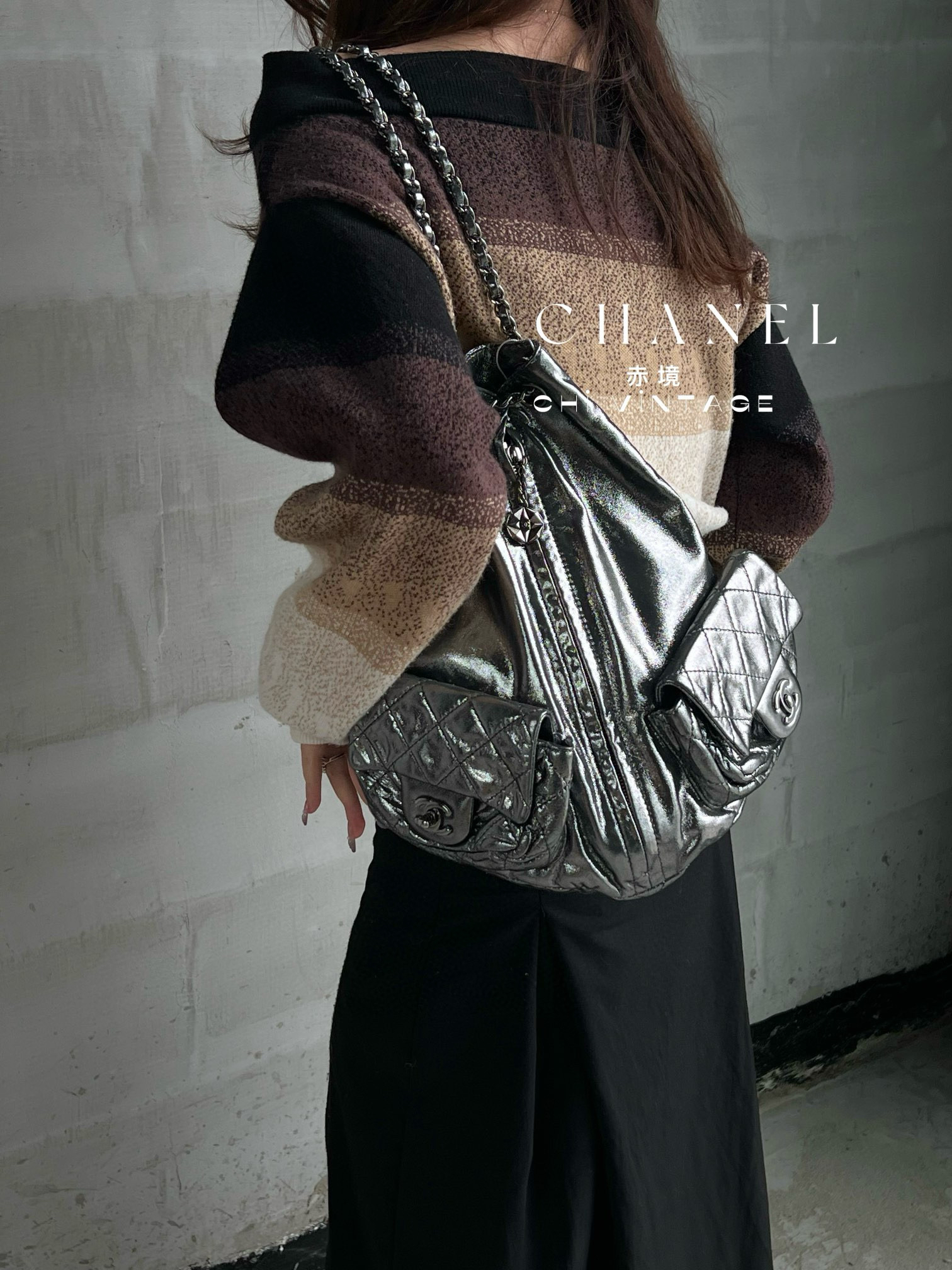 95新 Chanel/香奈儿 7623 银色青蛙双肩包12-13