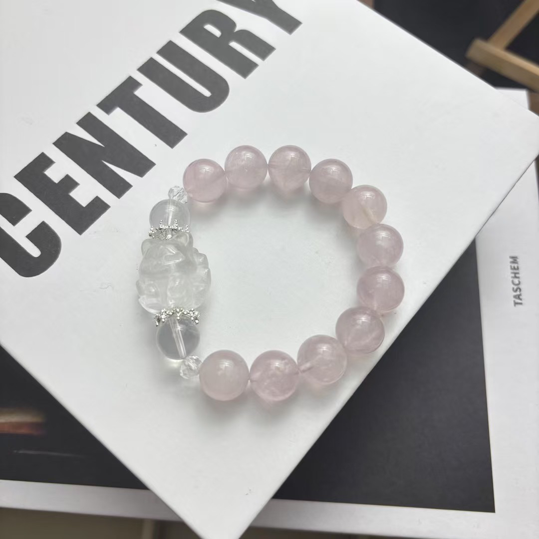 天然粉晶diy手链 搭配白水晶、白水九尾狐  古风简约