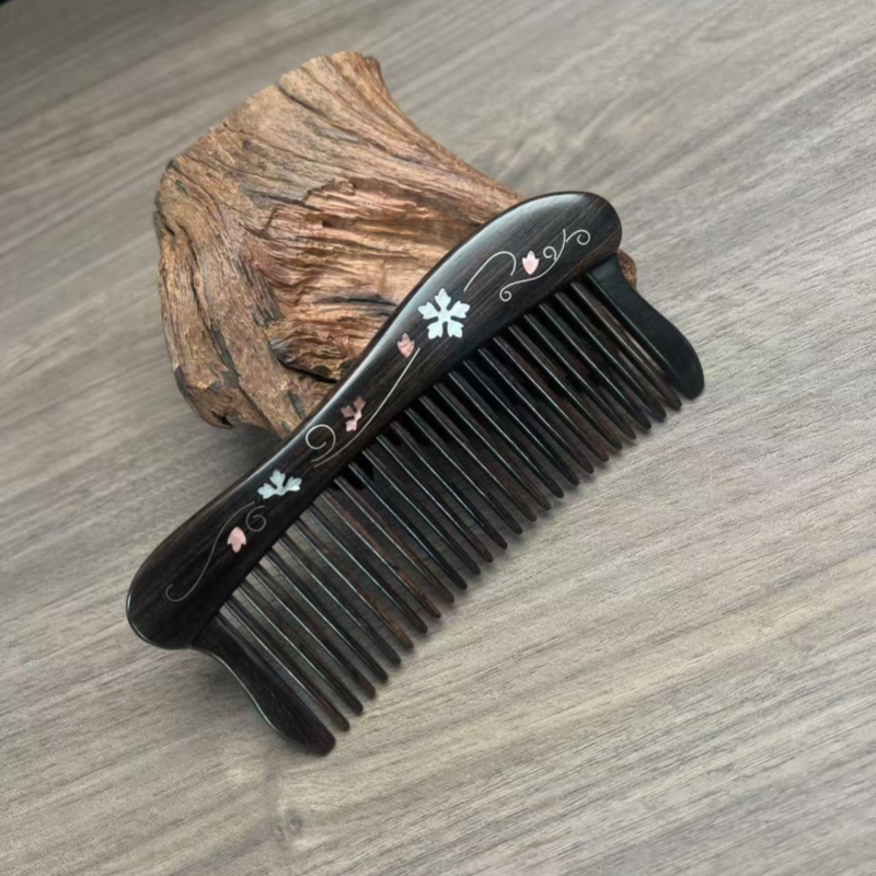 紫光檀镶花工艺插齿半月黑檀木梳按摩顺发送长辈闺蜜情人节日礼品