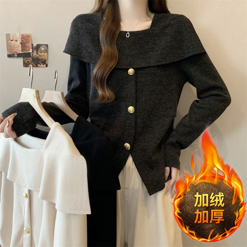 加绒加厚胖mm打底衫女遮肚子显瘦气质不规则一字肩长袖上衣