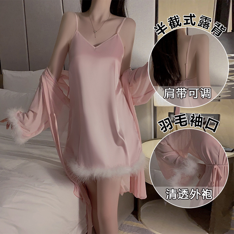 性感蕾丝绑带修身睡裙套装唯美轻奢迷人复古吊带家居服A35