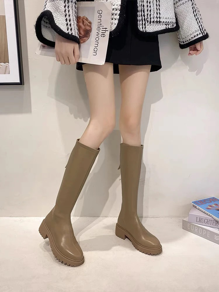 911-1冬季新款不过膝加绒厚底粗跟高筒骑士靴长筒显瘦百搭女靴G2