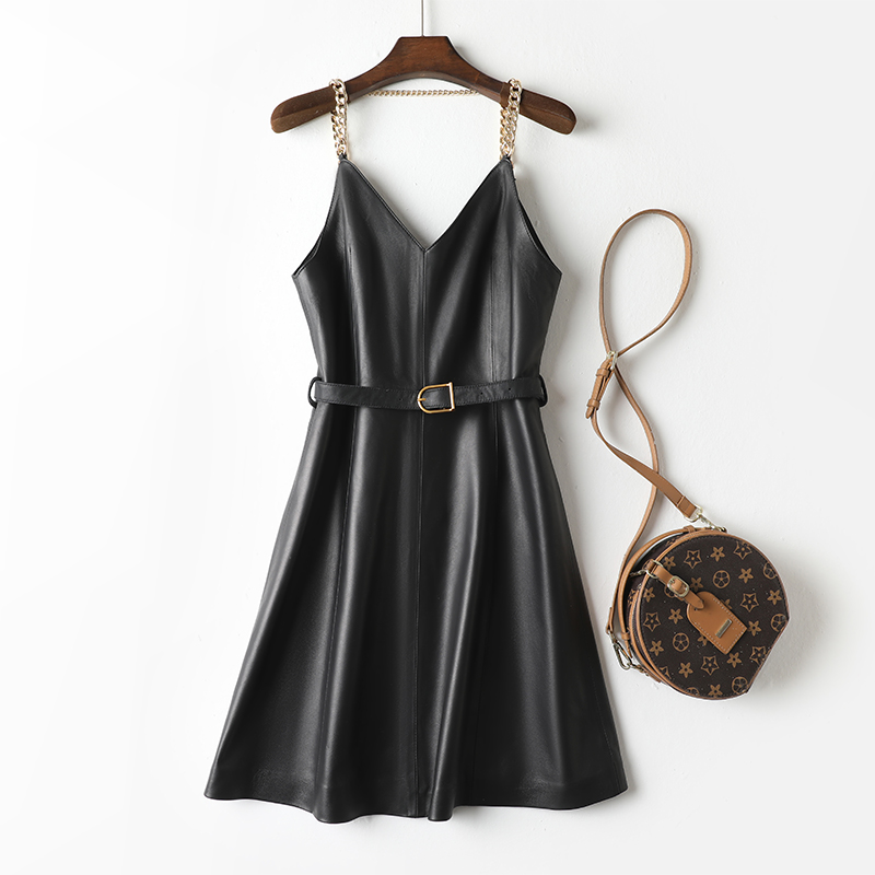 2025新款真皮皮裙连衣裙女性感时尚绵羊皮吊带裙小众设计感气质裙