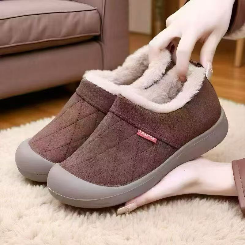 2025女款冬季新款一脚蹬妈妈棉鞋加绒保暖棉鞋防滑平底老人靴子
