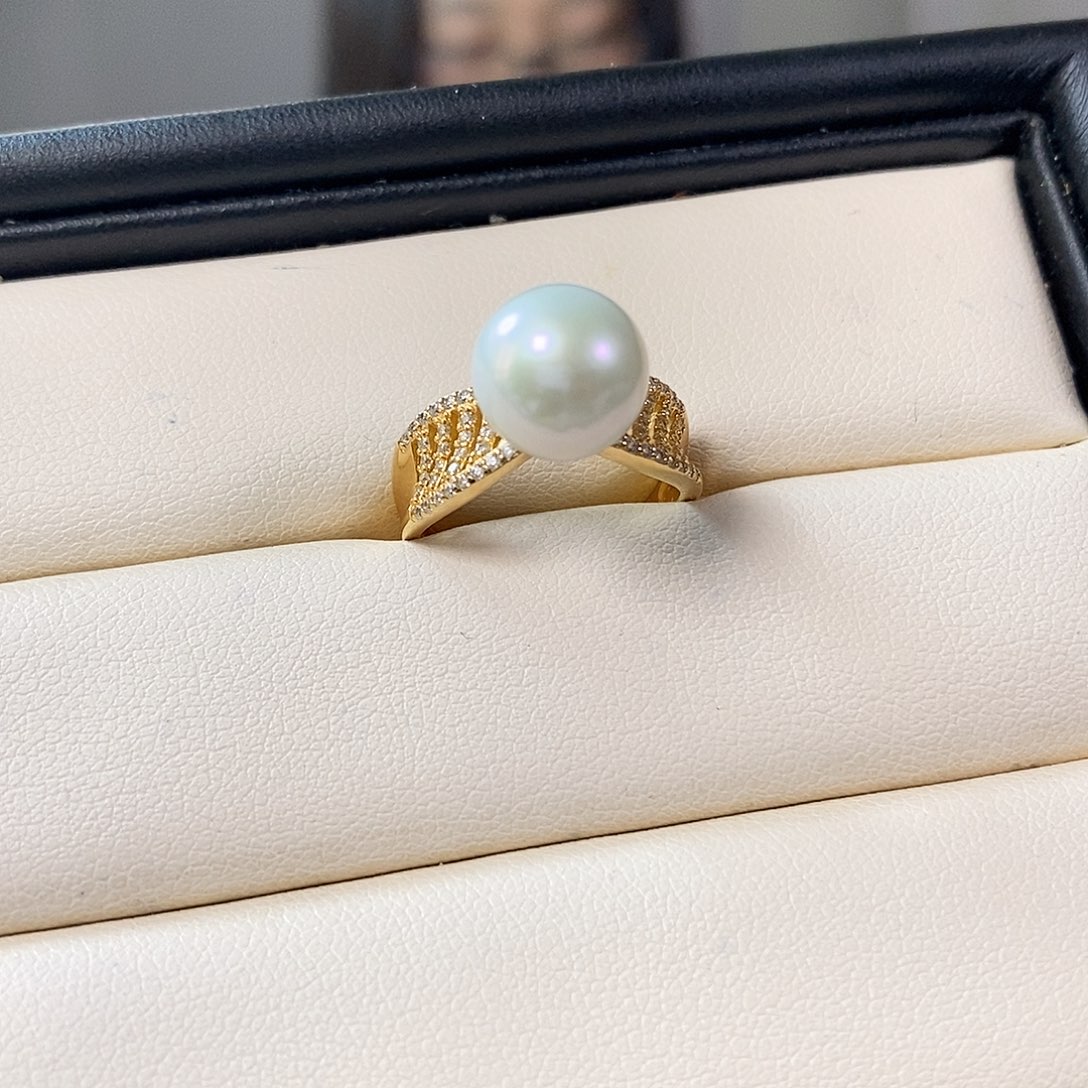 淡水珍珠戒指银S925镶嵌极光9-10mm