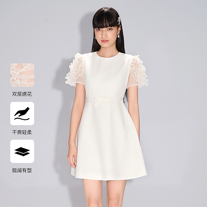 【陈大可专属】Caroline25春季新款香槟色网纱拼接泡泡袖连衣裙ECRF