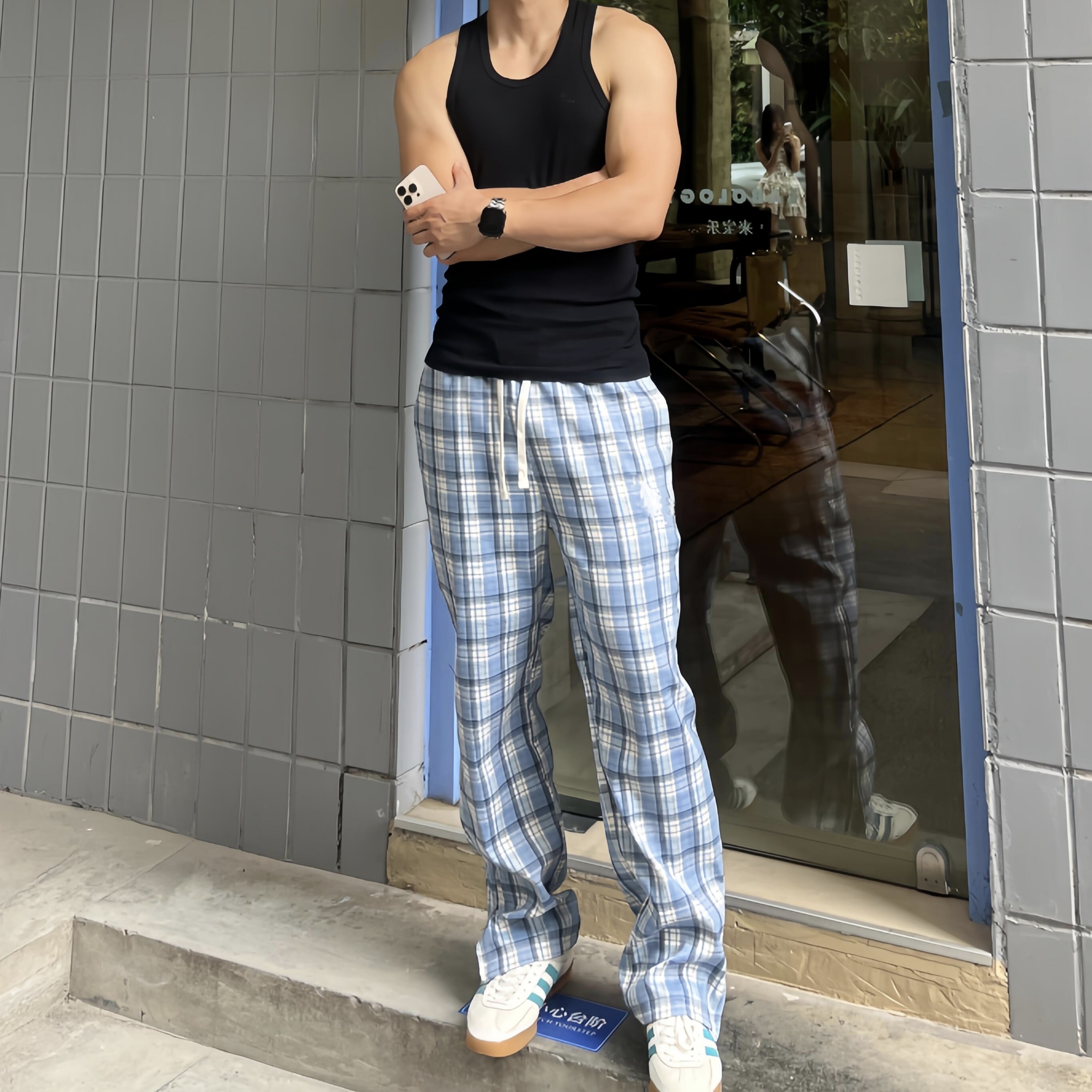裤脚拉链美式北卡蓝格子刺绣图案长裤男cleanfit慵懒休闲直筒裤