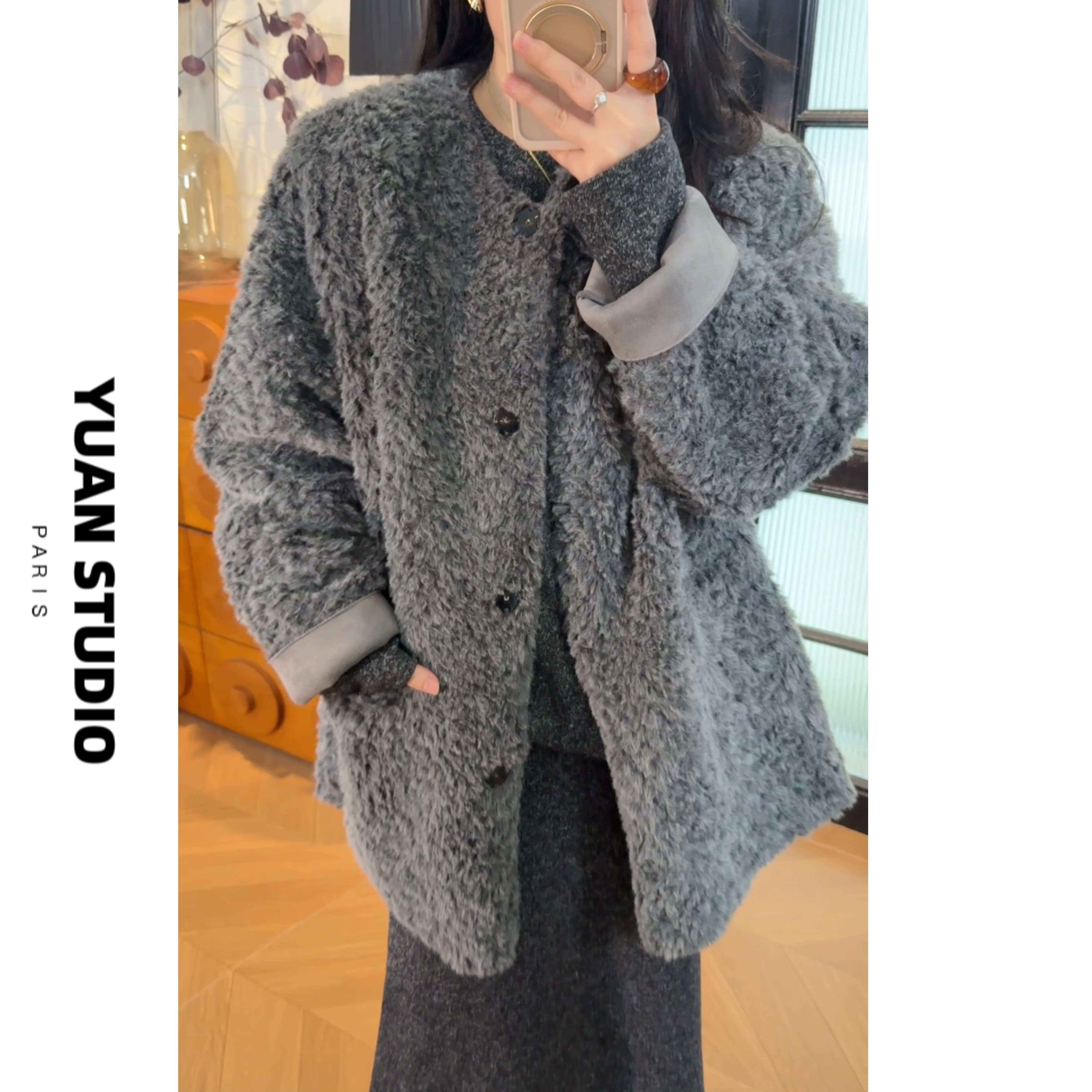 YUAN 【冬季恋歌】皮毛一体加厚轻奢简约中长款气质百搭宽松外套