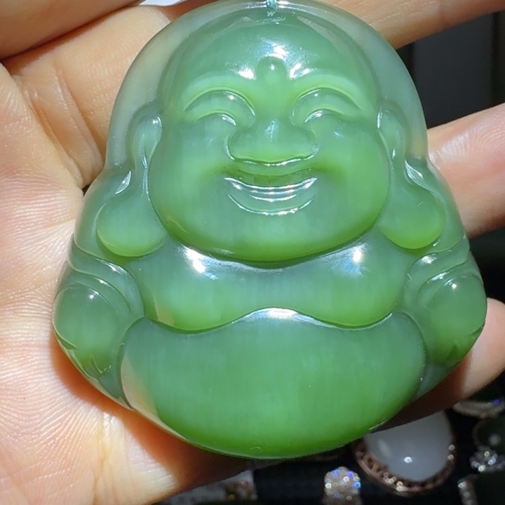 和田玉未镶嵌颈饰荧光猫眼特细52大佛公