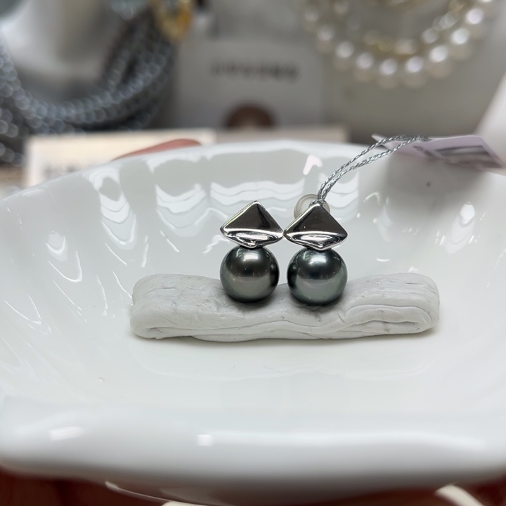 海水珍珠漏大溪地亮面耳钉9-10mm银S925镶嵌