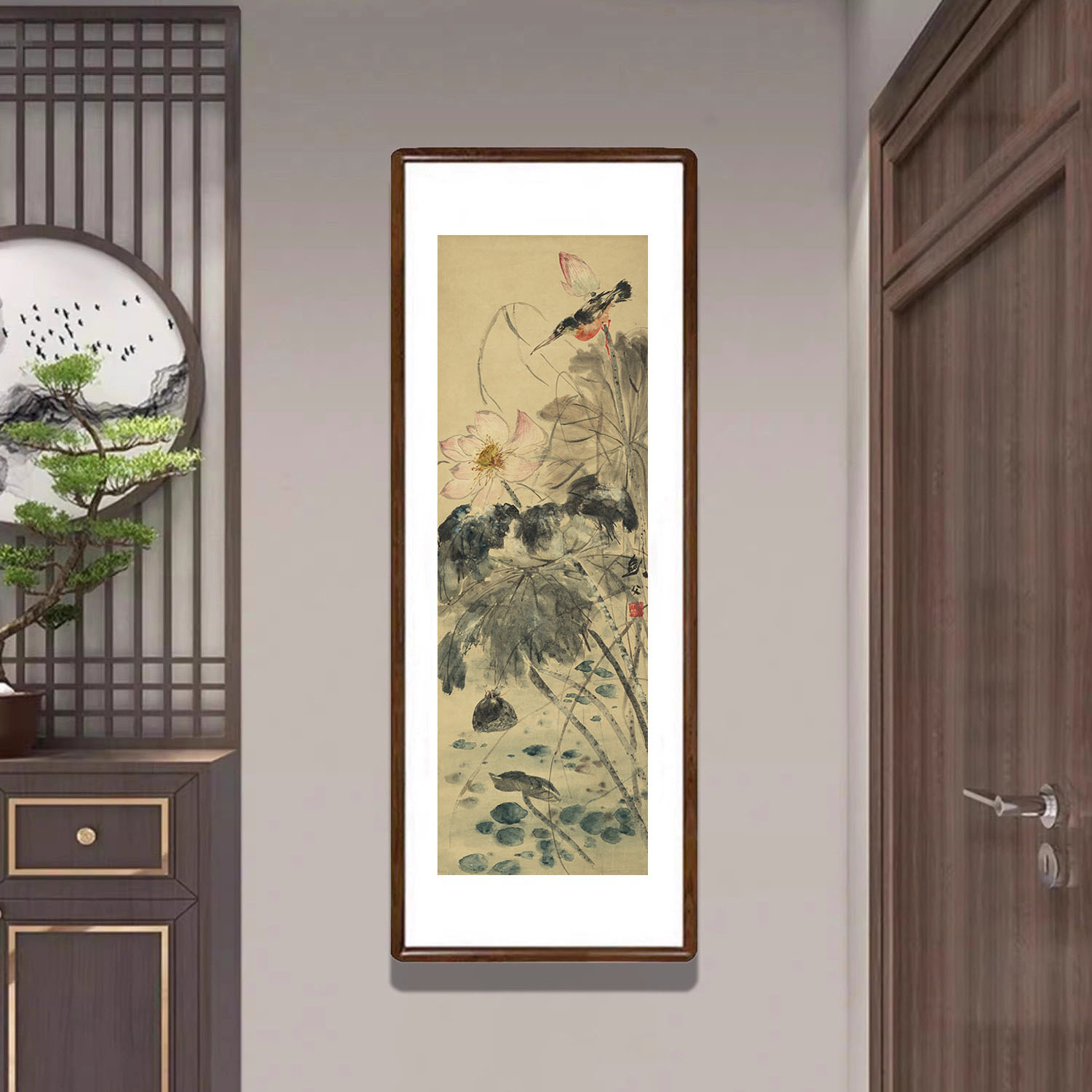 荷塘翠鸟图写意花鸟画新中式装饰画客厅玄关挂画茶室餐厅条幅字画
