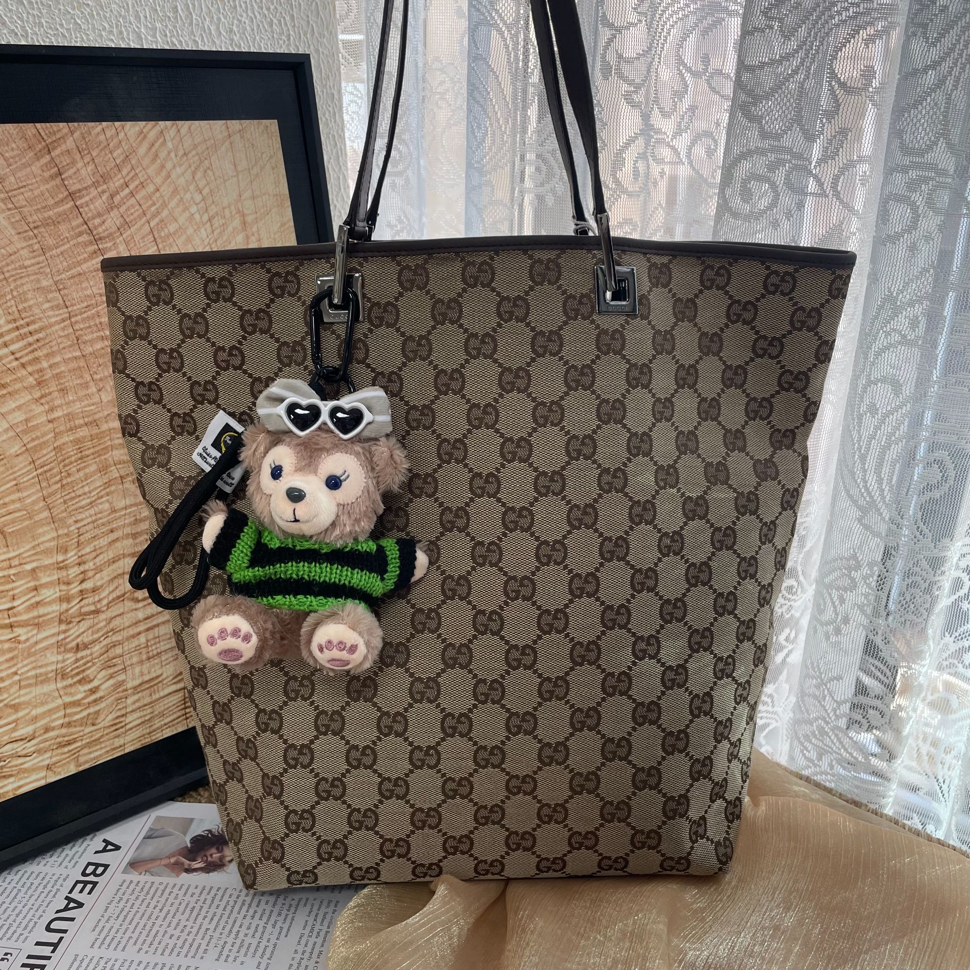 95新 GUCCI/古驰 XM/经典咖色丹宁老花垃圾袋托特包/JJ01907334