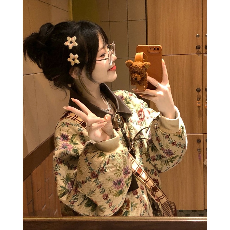 【ALITTLE 乱糟糟】复古vintage牛角爱心皮扣碎花夹棉棉服外套冬