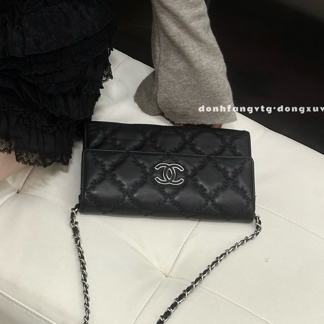 95新 Chanel/香奈儿 chanel 黑银珐琅菱格纹钱包
