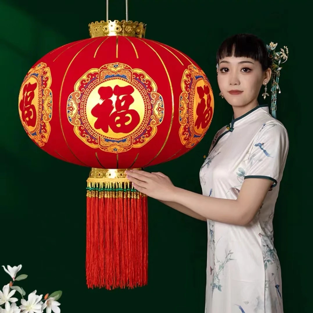 （长杆款）新款大红灯笼防水福字植绒布挂饰春节新年大门口阳台户外