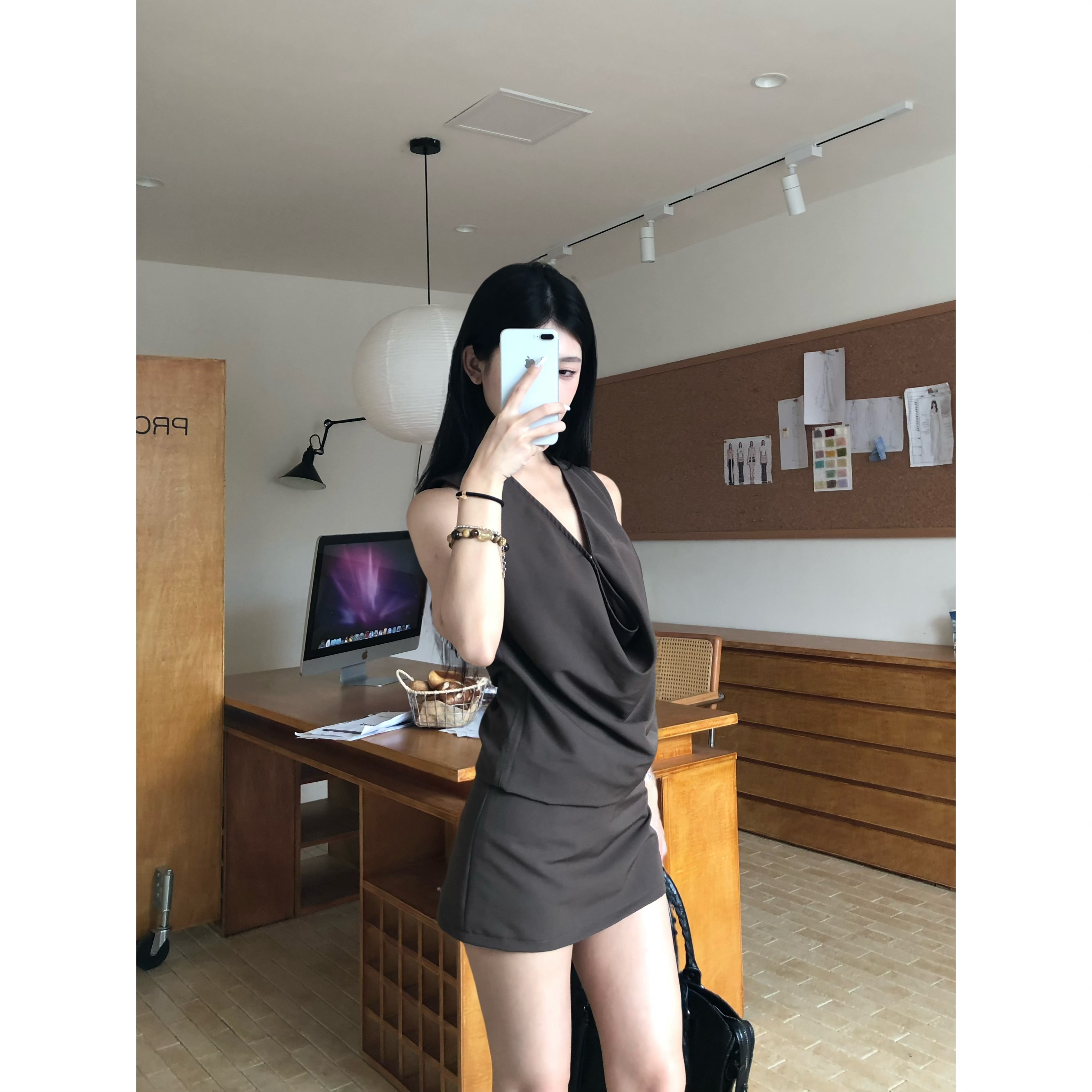 LELEPENG 深棕色显瘦夏季气质时尚百搭上衣+短裙套装669