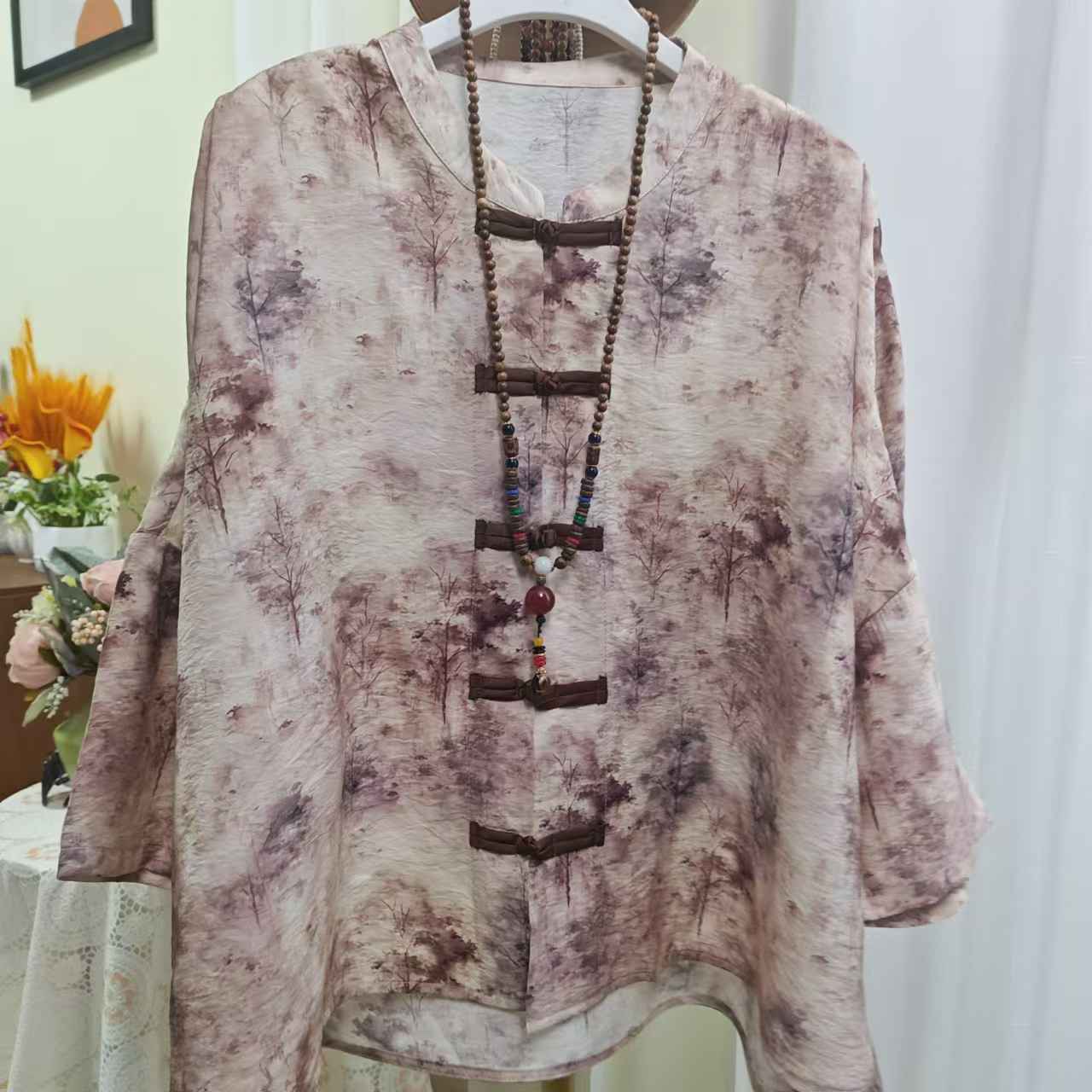 233尺树暮云夏季新款衬衫圆领开衫七分袖文艺洋气女装防晒上衣