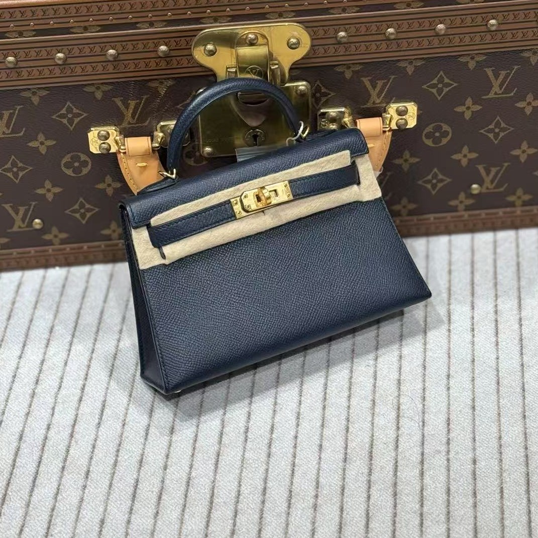 99新 Hermes/爱马仕 贝贝/Kelly二代包 深邃蓝金扣 A刻