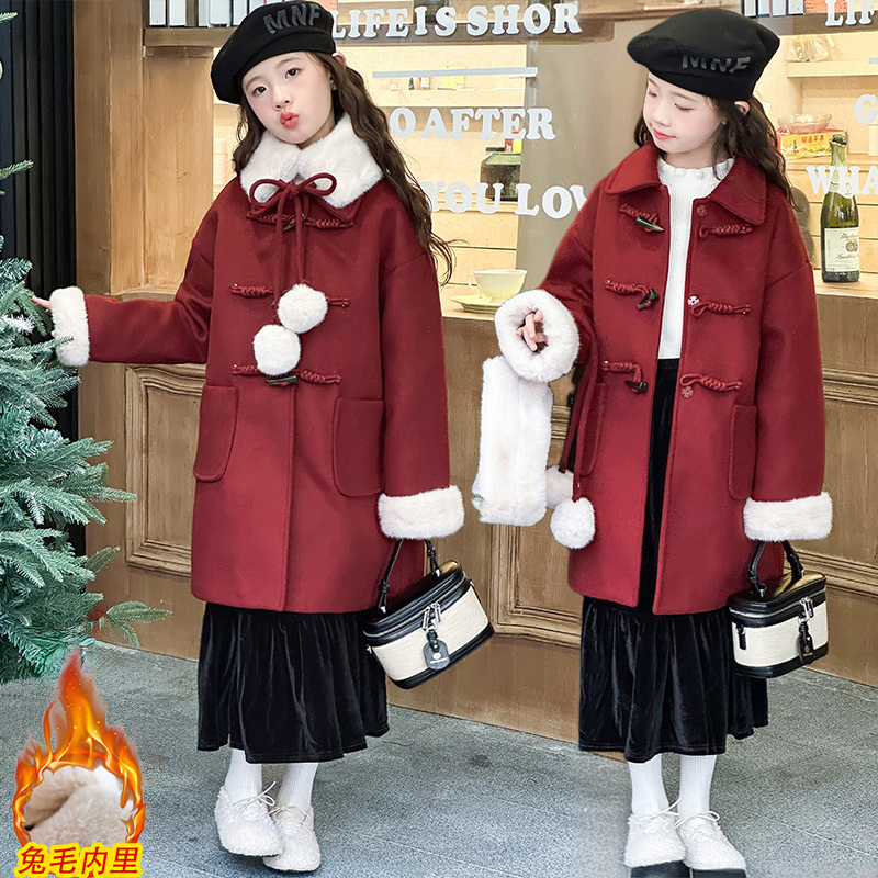 红色毛领拜年大衣女童 女孩毛呢 中大童 韩版 中长款洋气