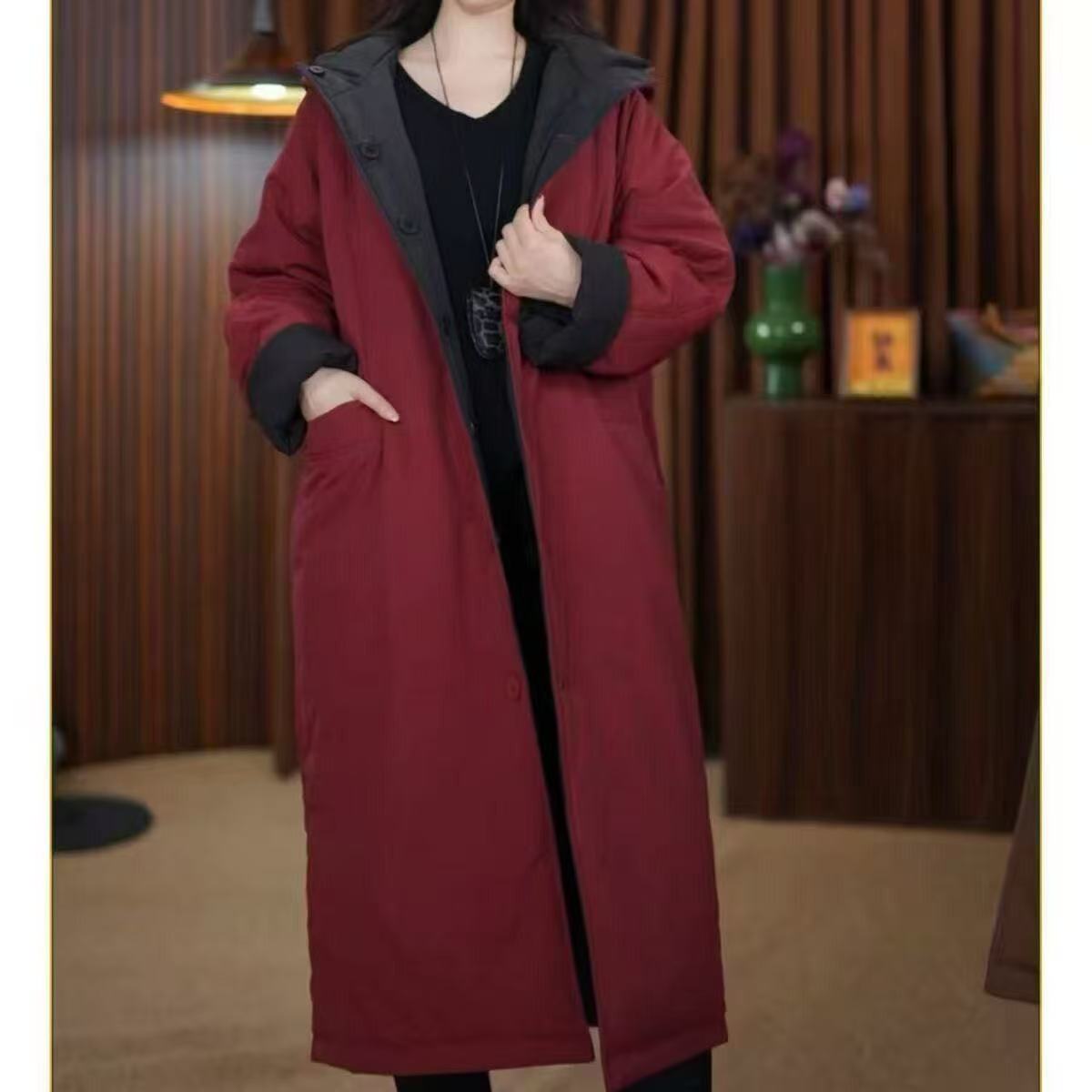 长款过膝棉服冬季新款双面宽松休闲时尚2025连帽棉服加厚外套078