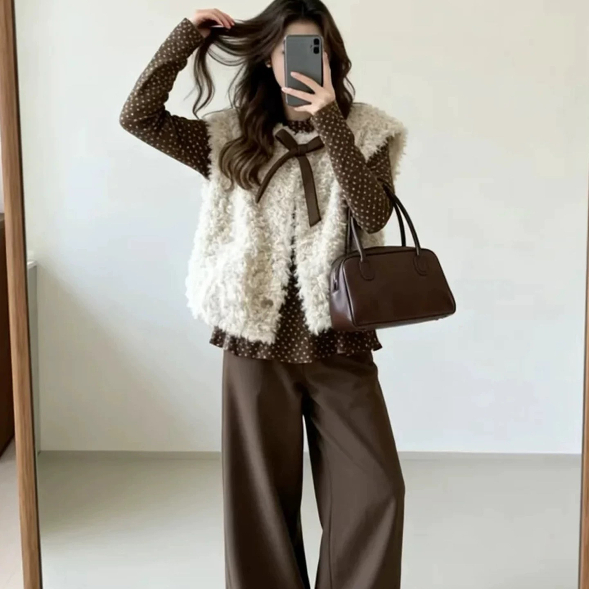 秋冬复古波点内搭洋气气质显瘦马甲阔腿裤时尚三件套装