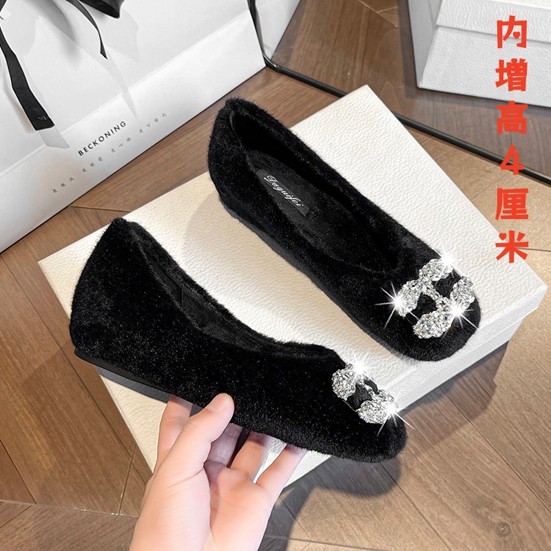 达贵菲·内增高4cm水钻小香风毛毛鞋秋冬外穿女鞋新款加绒软底单鞋