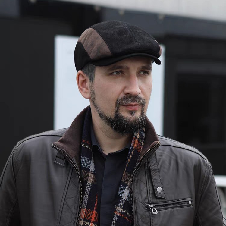 LANBO澜泊设计师新款阿美咔叽复古羊皮拼色鸭舌帽男真皮前进帽