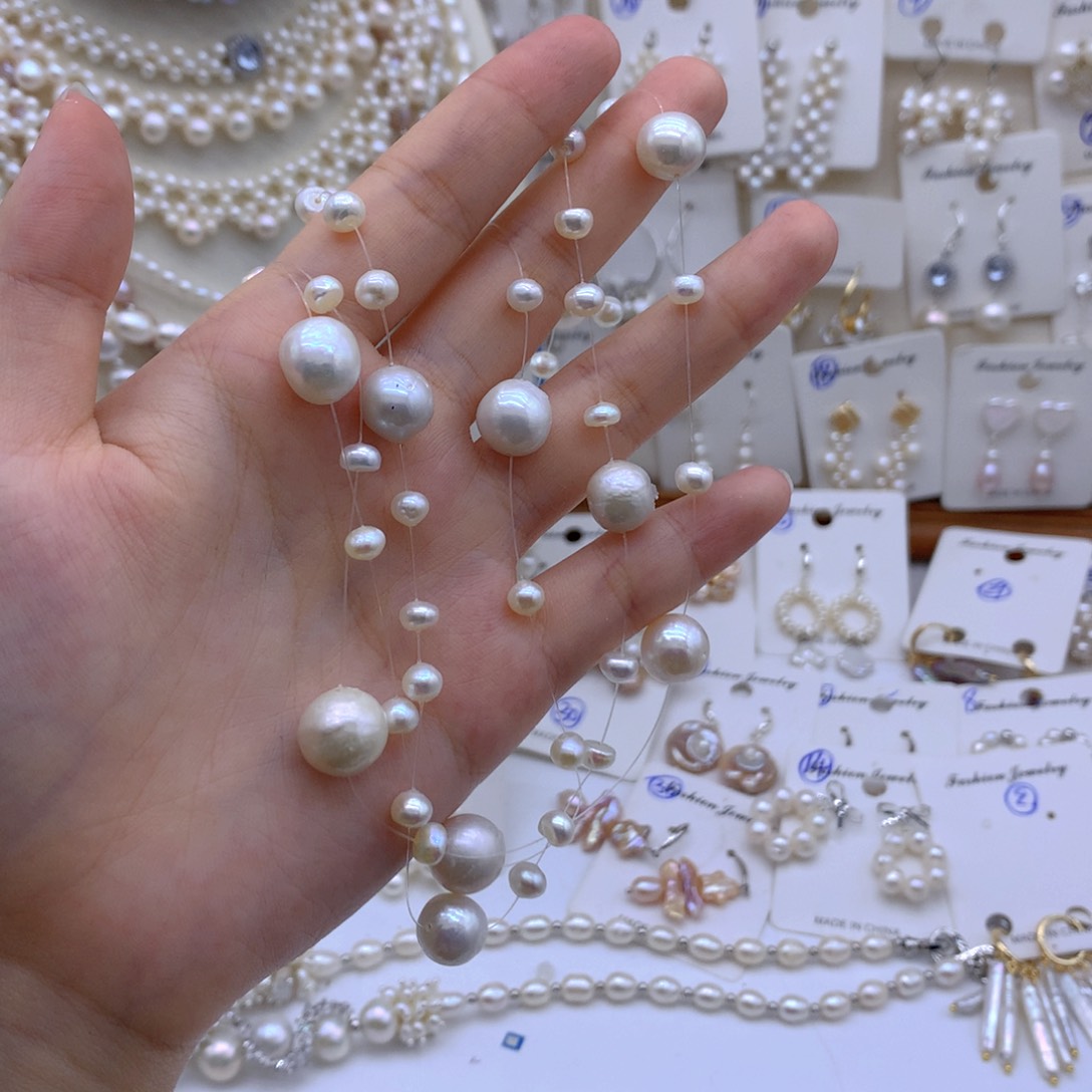 抗***学银S925镶嵌淡水珍珠项链耳饰