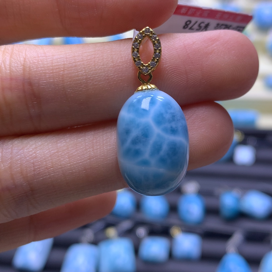 针钠钙石（海纹石）银S925镶嵌吊坠(不含链)蛋面吊坠色差略异