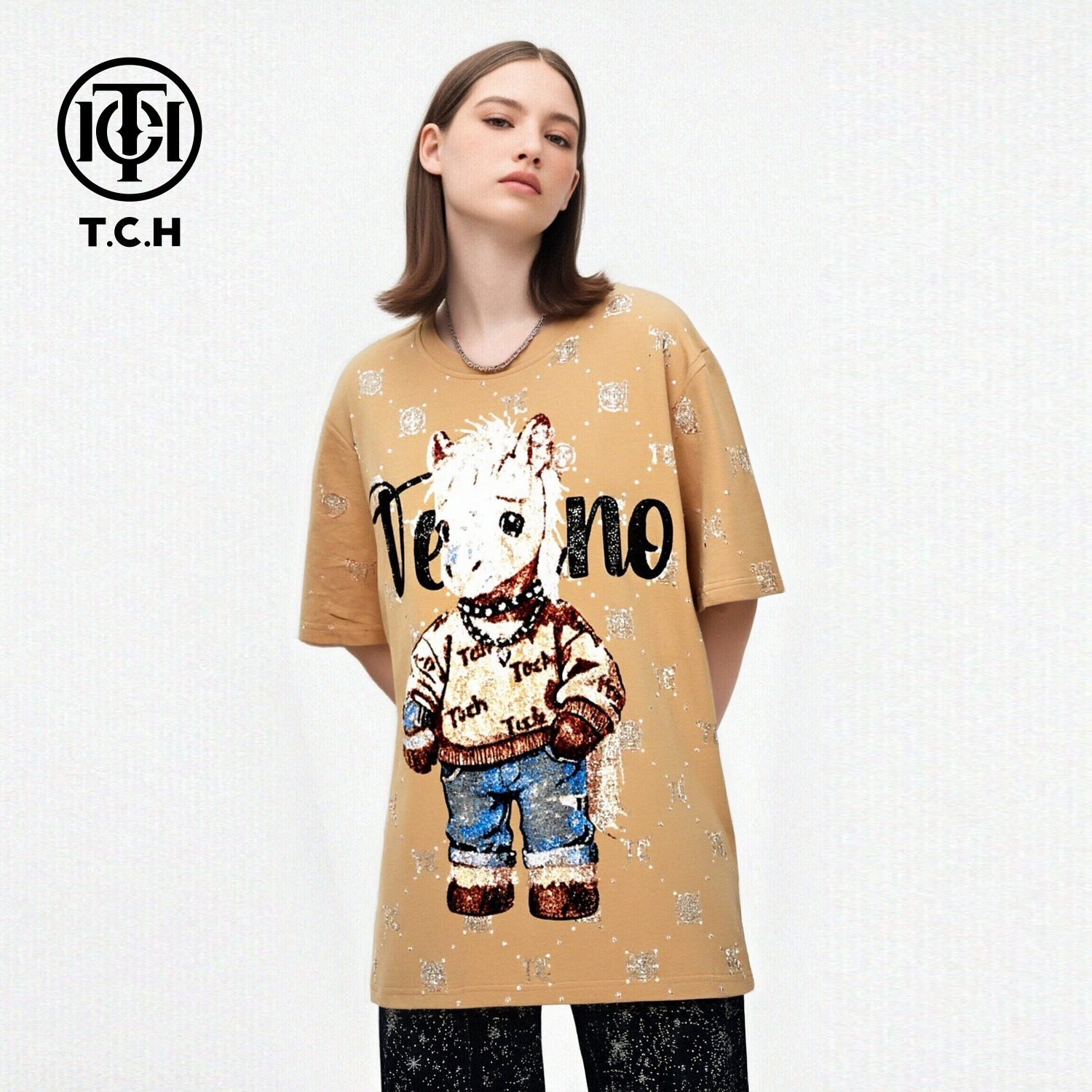 TCH潮酷休闲卡其色烫钻小马宽松短袖T恤女2026春夏新款T78B106030