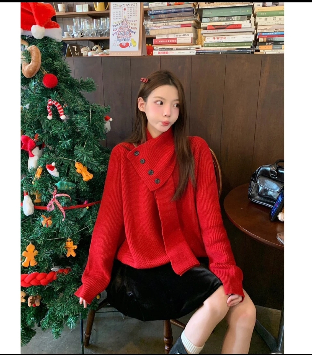 安哥拉红色针织衫女秋冬2025新款可拆卸围巾软糯遮肉显瘦毛衣上衣