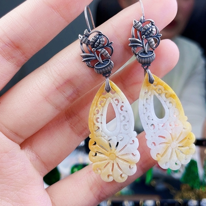 翡翠耳饰银S925镶嵌饰品