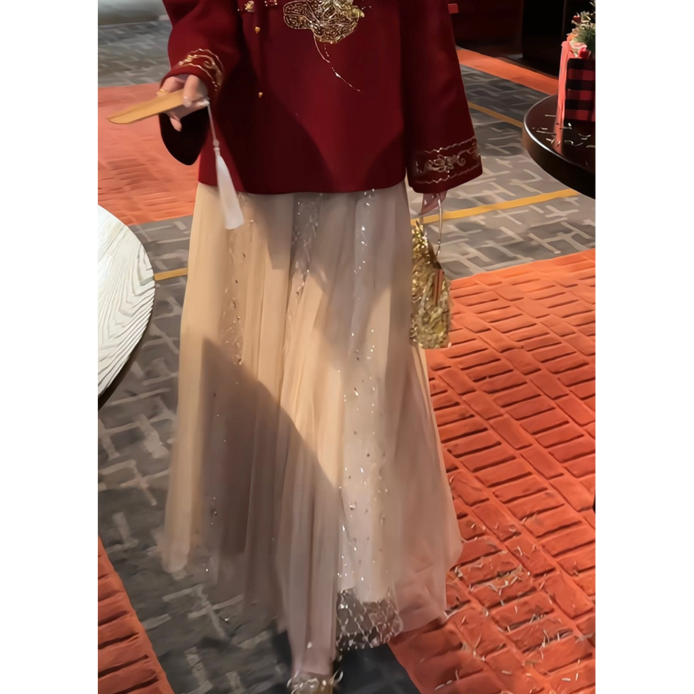 【鎏金岁月】郭郭原创重工拼接金色网纱长款半身长裙女