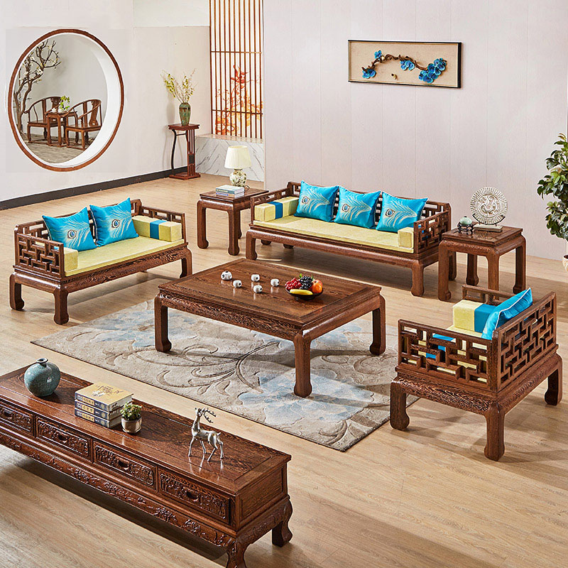 万字罗汉沙发 鸡翅木家用客厅中户型沙发组合成套 红木家具