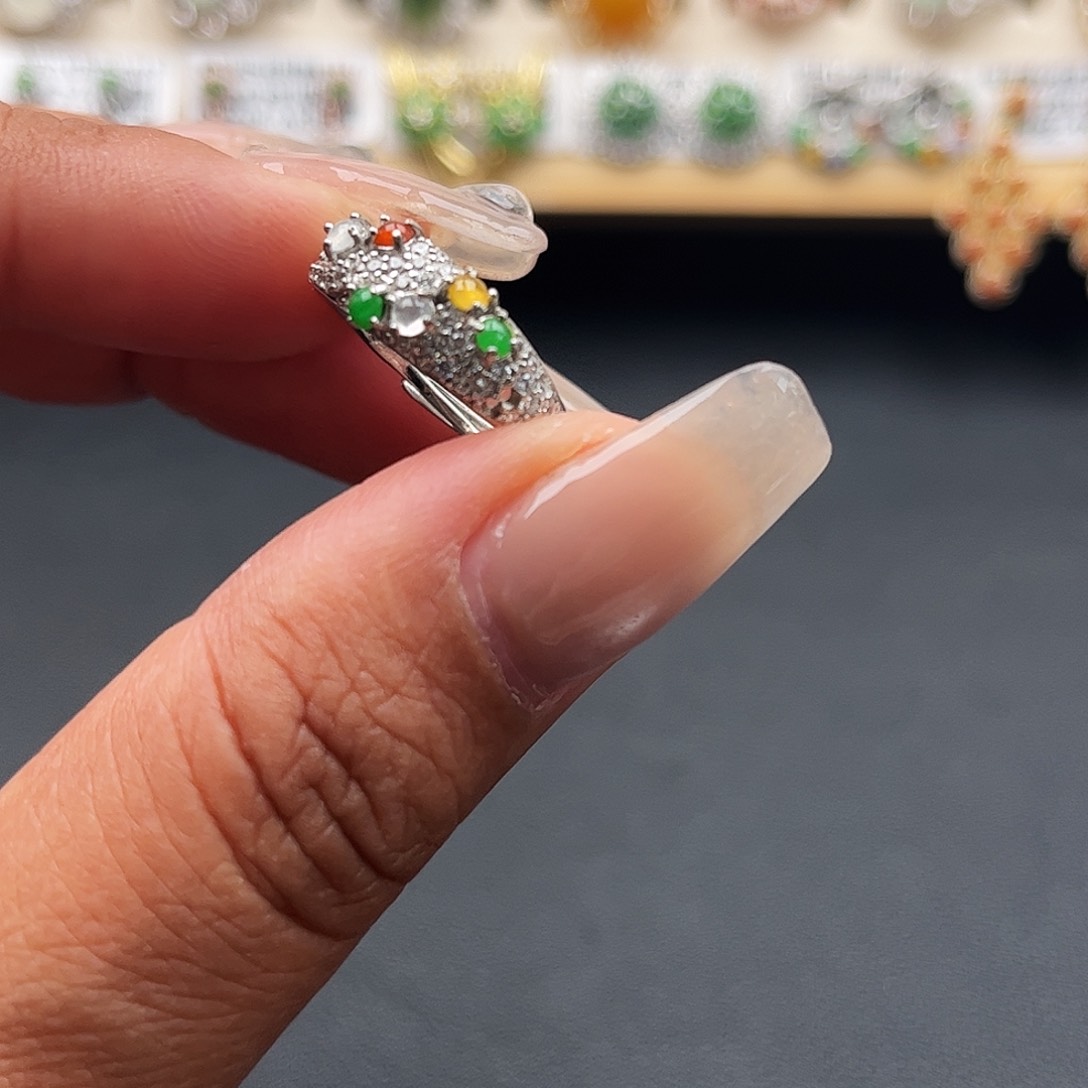 翡翠银S925镶嵌耳饰缅甸天然A货翡翠戒指