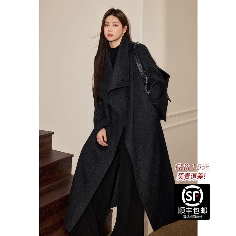 大码女装翻领双面呢长款大衣2025冬季气质羊毛呢子外套秋冬服装