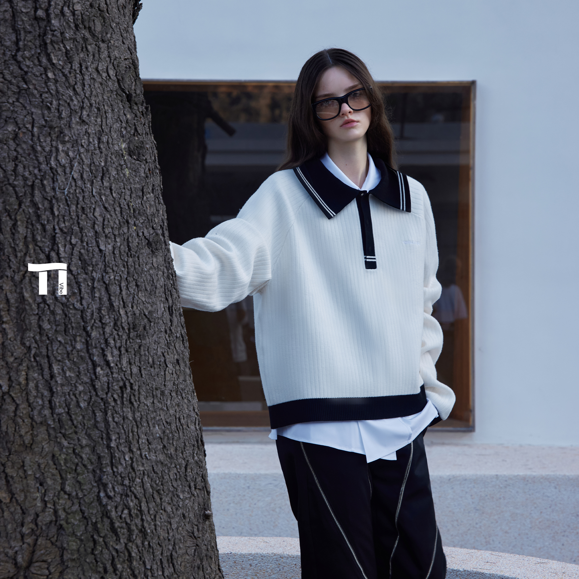 启世录TIWILLTANG“洄漩墟榆”翻领画板撞色笔迹知性光谱撞色毛衫