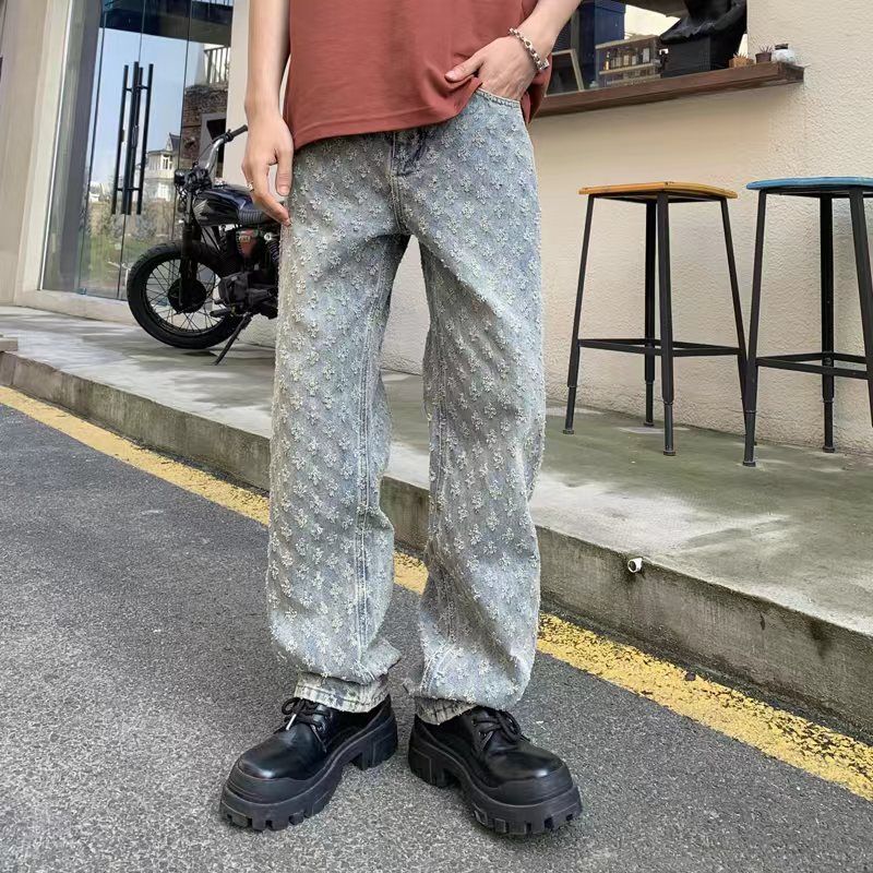 【大码男装260斤】新款提花牛仔裤 美式潮牌宽松直筒百搭长裤 