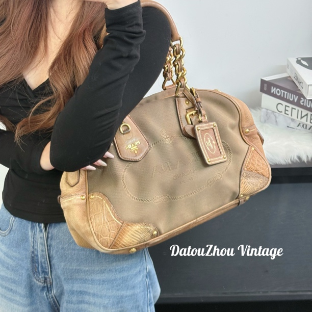 95新 Prada/普拉达 布拼皮保龄球单肩包gg