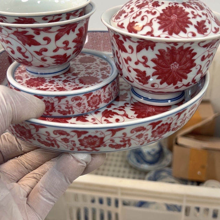 瓷片白青花釉里红缠枝莲五件套全品