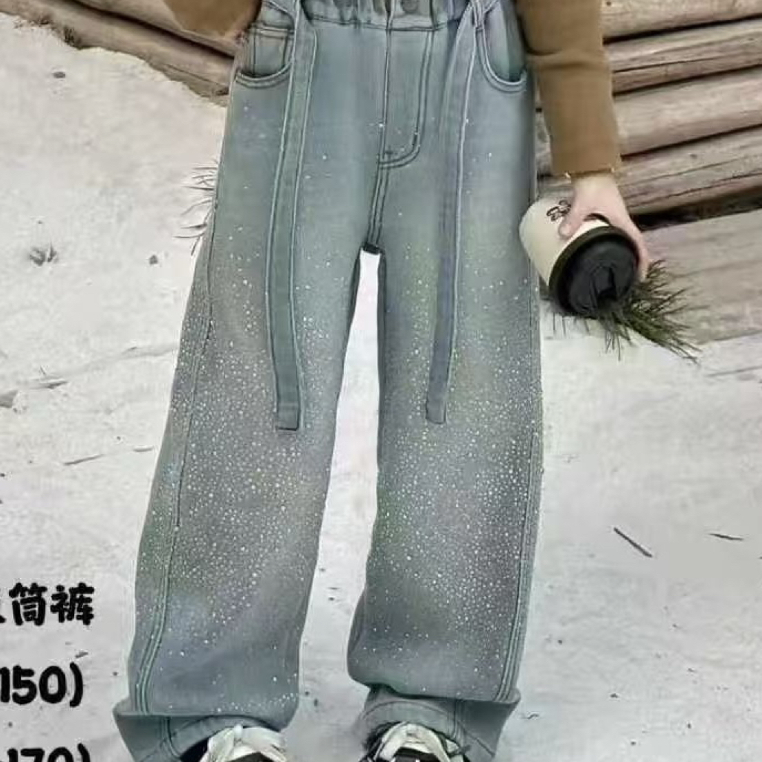 女童秋冬加绒烫钻直筒洋气百搭牛仔裤