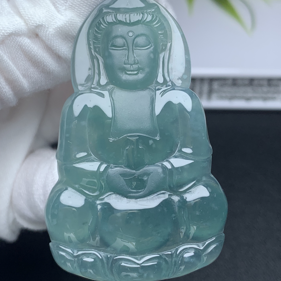 正品天然翡翠Ａ货冰种精雕绿观音手工雕刻翡翠冰观音父亲男友礼物