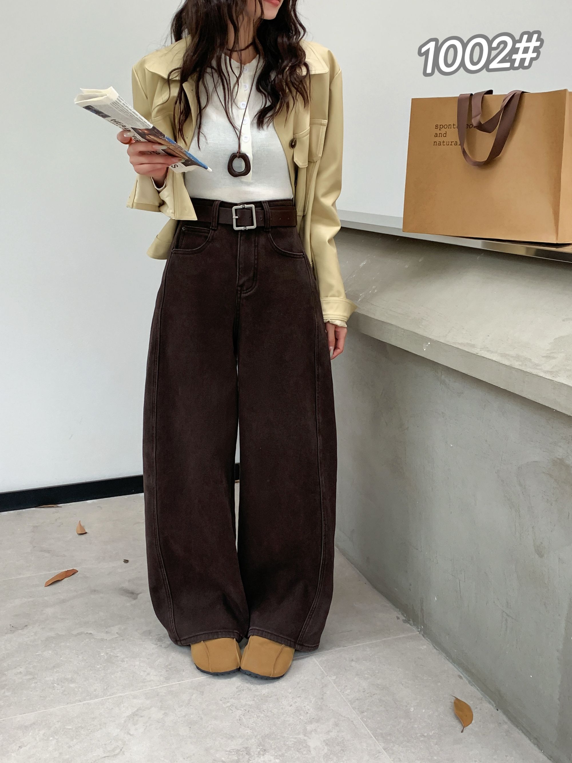 秋冬女装时尚牛仔裤时髦洋气加绒牛仔裤长裤直筒高腰设计感百搭