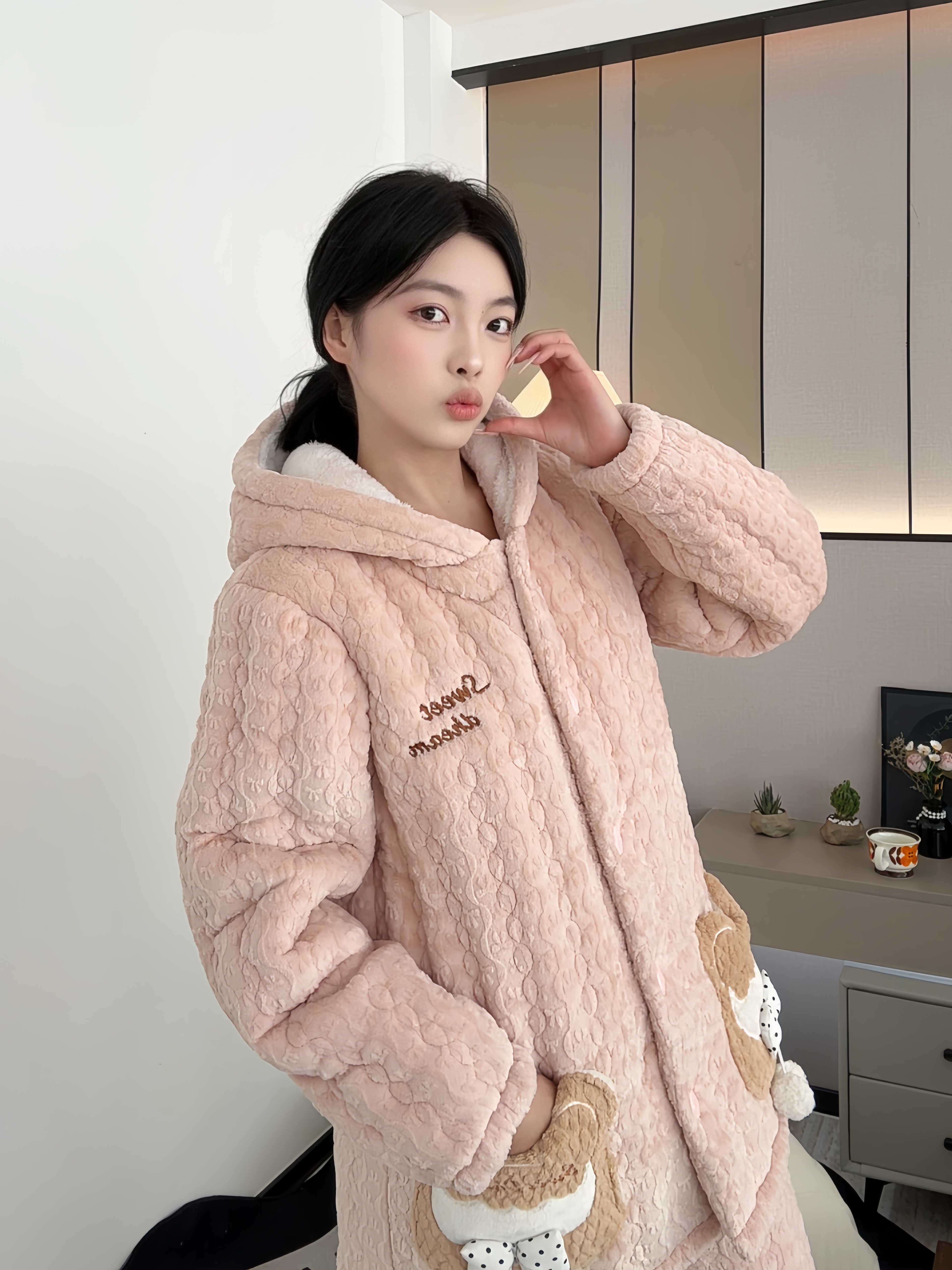 【0242粉色波点熊】 家居服套装冬天加厚中长款甜美卡通睡衣女士